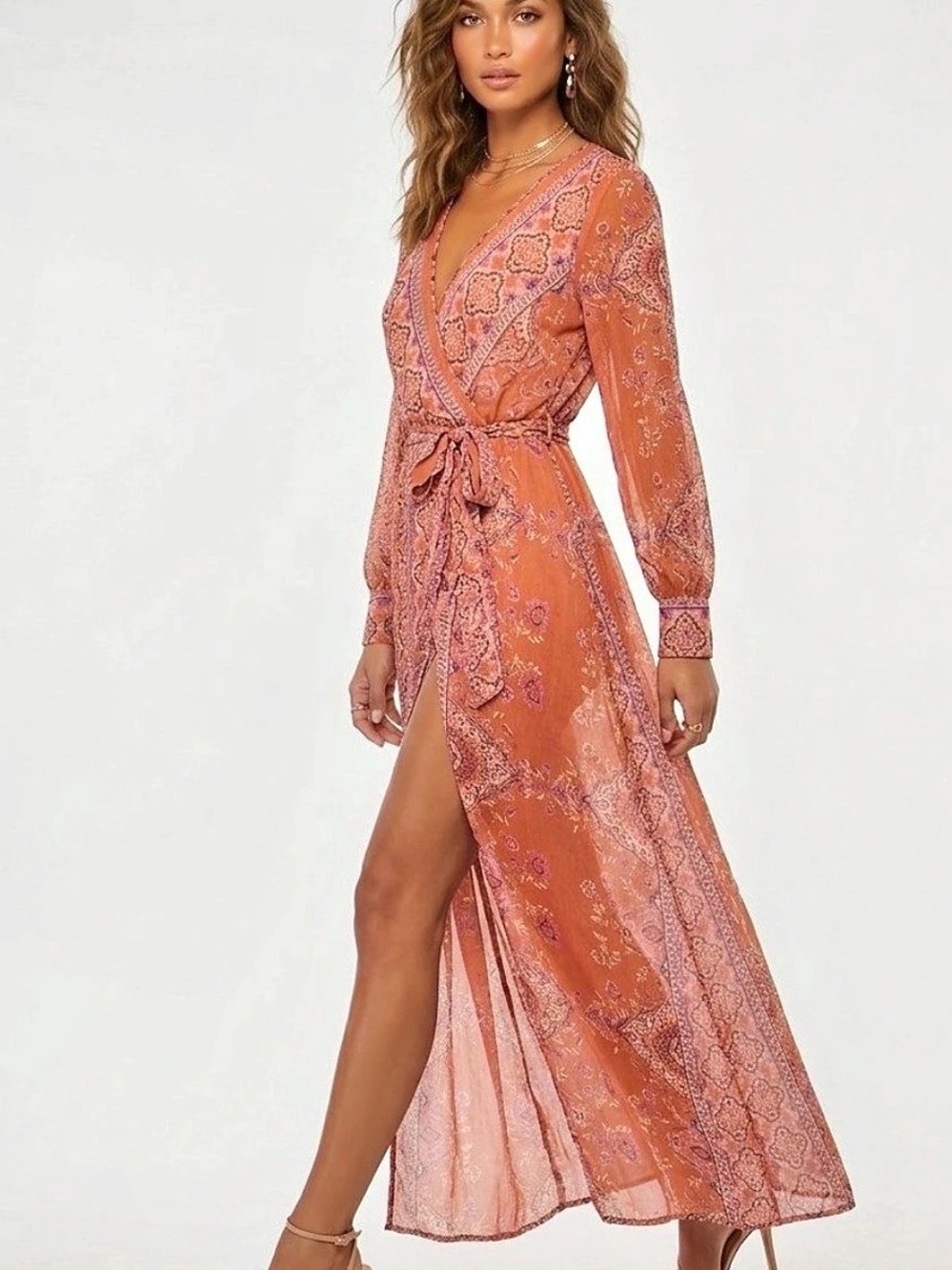 Spy Zone Exchange Paisley Maxi Dress in Orange & Pink Size Small